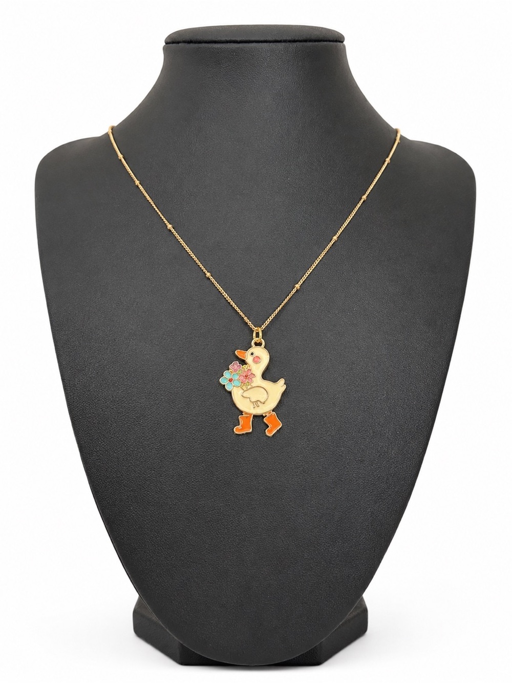 Duck Goose Pendant Necklace with Articulating Feet on Long Gold Ball Chain - New